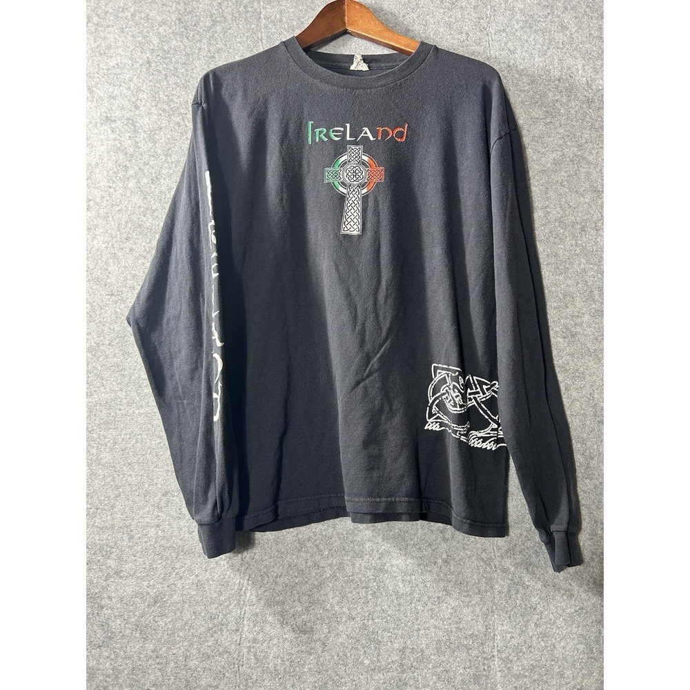 Vintage Ireland Celtic Cross Black Long Sleeve T-Shirt Men's Large Irish Graphic